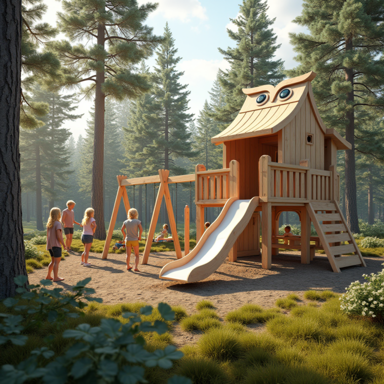 Pöllöteemainen lasten leikkialue, jossa on keinuja ja liukumäkiä metsän keskellä.