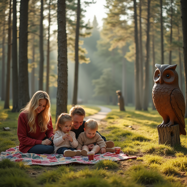 Perheiden yhteinen aika Pöllöpuistossa Perhe piknikillä metsässä, puinen pöllöveistos taustalla.